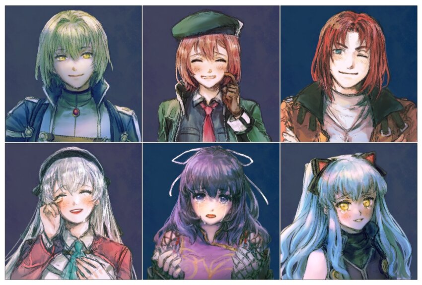 2boys, 4girls, animal_ear_headphones, animal_ears, antenna_hair, ao_no_kiseki, beret, border, bow, breasts, cat_ear_headphones, cat_ears, closed_eyes, clothing_cutout, coat, commentary, crying, crying_with_eyes_open, curtained_hair, double-parted_bangs, eiyuu_densetsu, elie_macdowell, english_commentary, fake_animal_ears, fingerless_gloves, gahatree, gauntlets, glove_cutout, gloves, green_eyes, green_hair, hair_between_eyes, hair_bow, hat, headphones, jewelry, large_breasts, long_hair, mullet, multiple_boys, multiple_girls, necktie, noel_seeker, one_eye_closed, open_mouth, parted_bangs, pendant, portrait, randolph_orlando, rixia_mao, short_hair, simple_background, single_fingerless_glove, single_gauntlet, sketch, small_breasts, smile, streaming_tears, tearing_up, tears, tio_plato, twintails, wazy_hemisphere, white_border, wiping_tears