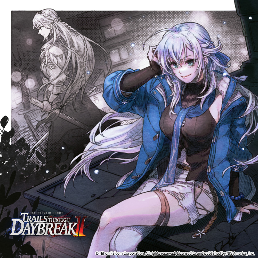 ahoge, asymmetrical_legwear, blue_eyes, border, braid, breasts, commentary, crossed_bangs, crown_braid, denim, double-parted_bangs, eiyuu_densetsu, elaine_auclair, english_commentary, english_text, falcom, floating_hair, gahatree, hair_between_eyes, half_updo, holding, holding_sheath, holding_sword, holding_weapon, jeans, kai_no_kiseki, kuro_no_kiseki_(series), large_breasts, long_hair, looking_at_viewer, monochrome_background, official_art, outdoors, pants, rope, sheath, shimenawa, shizuna_rem_misurugi, single_braid, sitting, smile, sword, torn_clothes, torn_jeans, torn_pants, weapon, white_border