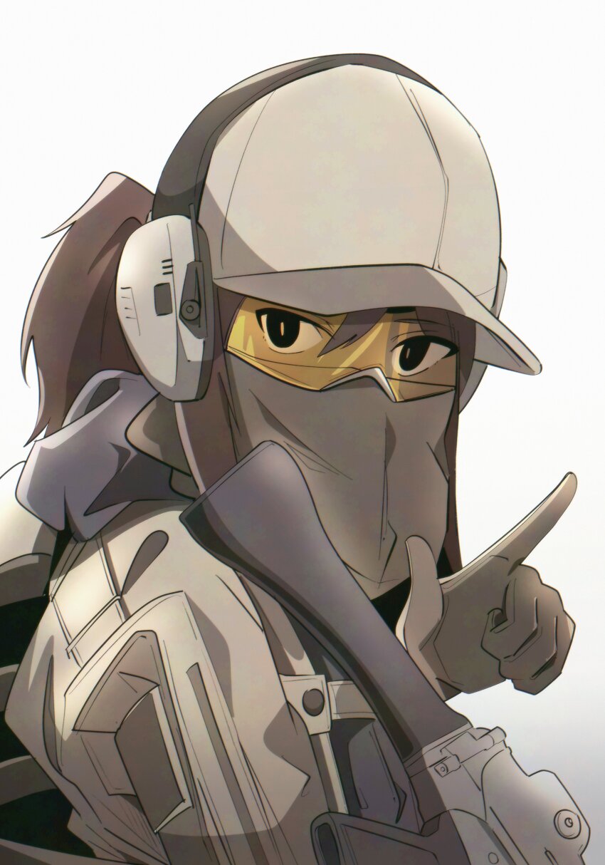 1girl, absurdres, baseball_cap, brown_gloves, brown_hair, brown_hat, brown_jacket, ear_protection