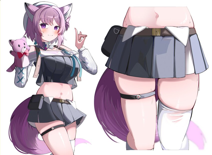 1girl, absurdres, animal_ears, arknights, black_skirt, blush, closed_mouth, crop_top
