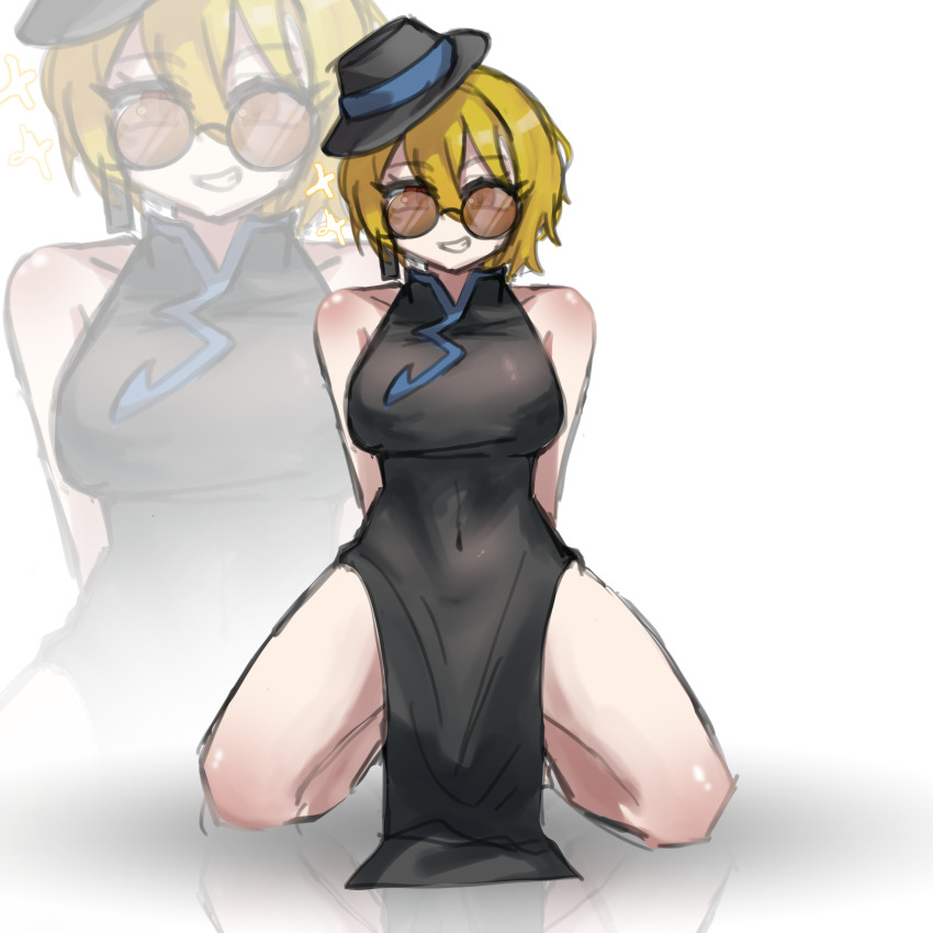 1girl, absurdres, arms_behind_back, black_dress, black_gloves, black_hat, blonde_hair, breasts