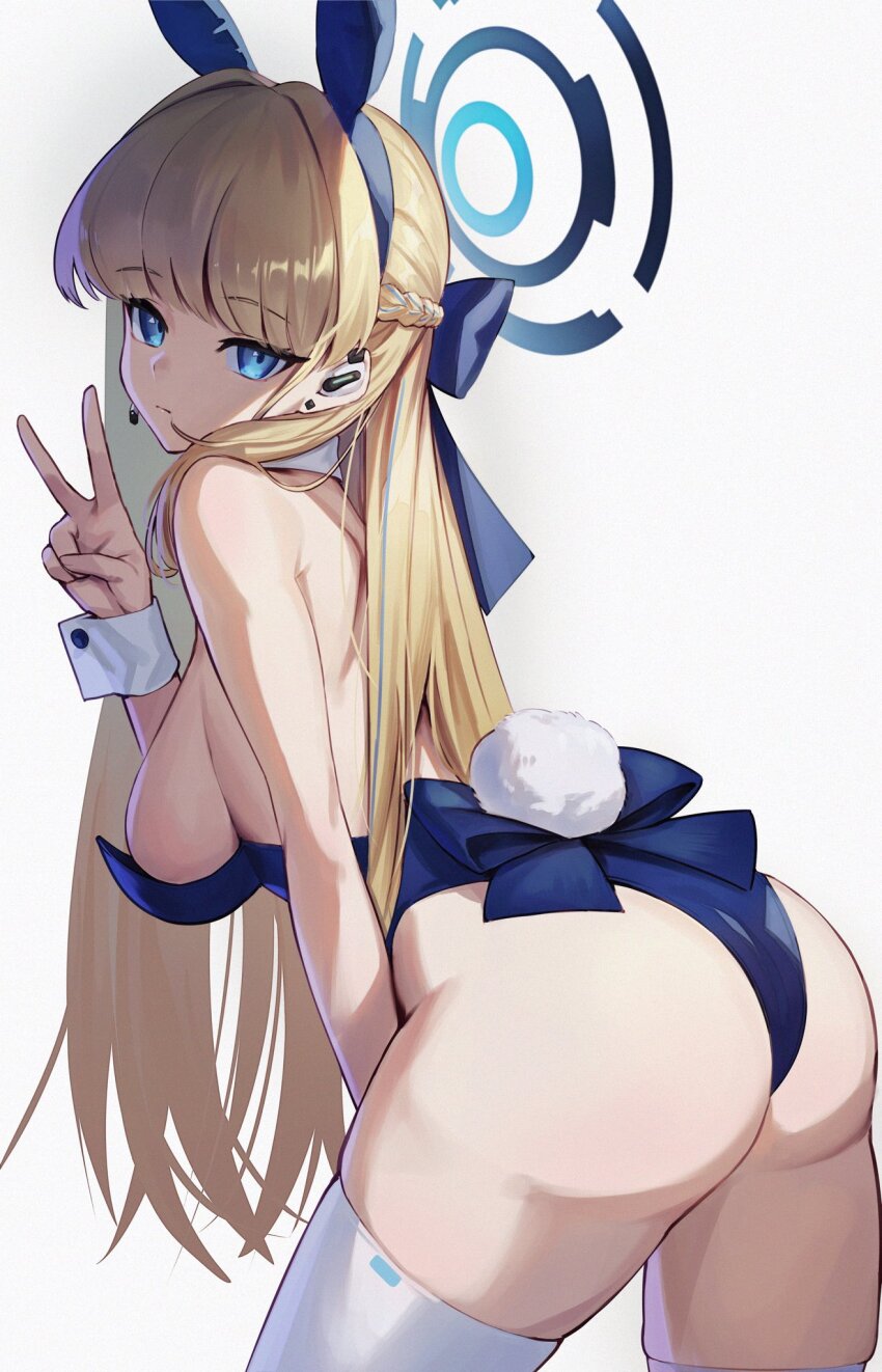 1girl, animal_ears, ass, back, back_bow, bare_shoulders, blonde_hair, blue_archive