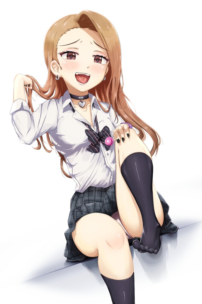 1girl, absurdres, asymmetrical_bangs, black_bow, black_bowtie, black_choker, black_nails, black_socks, blush, bow, bowtie, breasts, brown_eyes, brown_hair, candy, choker, collar, collared_shirt, concept_gyarus_(idolmaster), diagonal-striped_bow, diagonal-striped_bowtie, diagonal-striped_clothes, dot_nose, dutch_angle, earrings, eyelashes, food, foot_out_of_frame, forehead, furrowed_brow, grey_shirt, gyaru, hand_in_own_hair, hand_on_own_knee, hand_up, heart, heart_choker, highres, holding, holding_candy, holding_food, holding_lollipop, idolmaster, idolmaster_(classic), idolmaster_million_live!, idolmaster_million_live!_theater_days, jewelry, knee_up, loli, lollipop, long_hair, looking_at_viewer, loose_bowtie, minase_iori, nii_niip, official_alternate_costume, open_collar, open_mouth, panties, plaid_clothes, plaid_skirt, pleated_skirt, purple_scrunchie, school_uniform, scrunchie, shirt, simple_background, single_sidelock, sitting, skirt, small_breasts, socks, solo, straight_hair, striped_bow, striped_bowtie, striped_clothes, swept_bangs, teeth, underwear, white_background, white_collar, white_panties, white_shirt, wrist_scrunchie