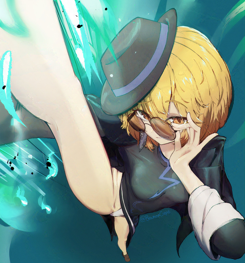 1girl, absurdres, adjusting_eyewear, black_coat, black_dress, black_gloves, black_hat, blonde_hair, bracelet, bramoncrepe, breasts, china_dress, chinese_clothes, coat, coat_on_shoulders, don_quixote_(project_moon), dress, earrings, cinq_association_east_uniform, foreshortening, gloves, grin, hat, highres, jewelry, large_breasts, leg_up, leotard, limbus_company, long_sleeves, looking_at_viewer, open_mouth, panties, partially_opaque_sunglasses, project_moon, round_eyewear, short_hair, single_earring, single_glove, slit_pupils, smile, solo, sparkle, standing, standing_on_one_leg, sunglasses, teeth, tilted_headwear, underwear, yellow_eyes