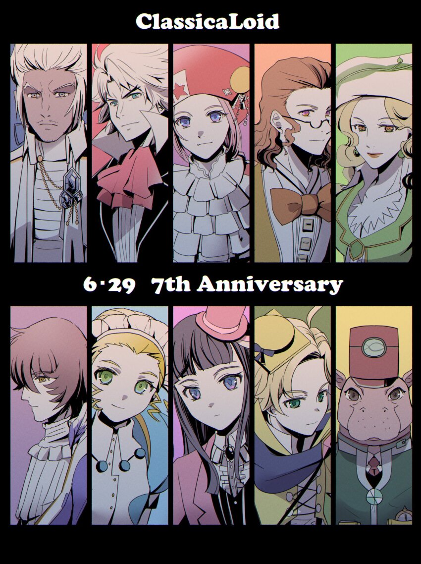 3girls, 6+boys, anniversary, antonin_dvorak_(classicaloid), ascot, blonde_hair, bow, breasts