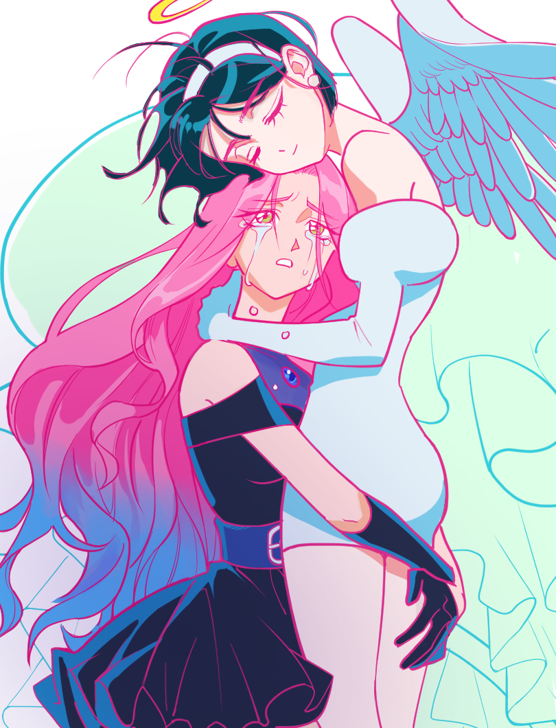 2girls, alien_stage, angel_wings, asymmetrical_gloves, black_dress, black_gloves, black_hair, blue_hair