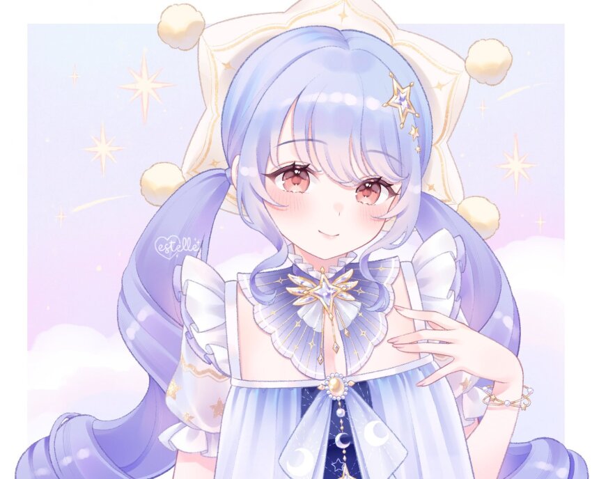 1girl, artist_name, border, bow, bowtie, bracelet, brooch, brown_eyes