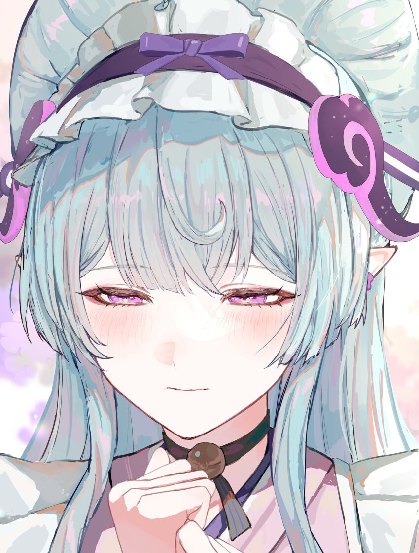 1girl, apron, black_choker, blue_hair, blush, choker, closed_mouth, commentary_request