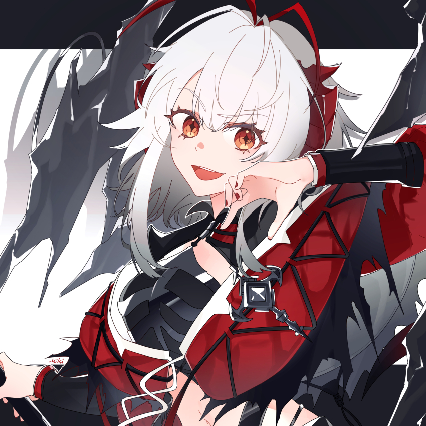 1girl, absurdres, antenna_hair, arknights, arm_up, commentary, cross-shaped_pupils, eyes_visible_through_hair