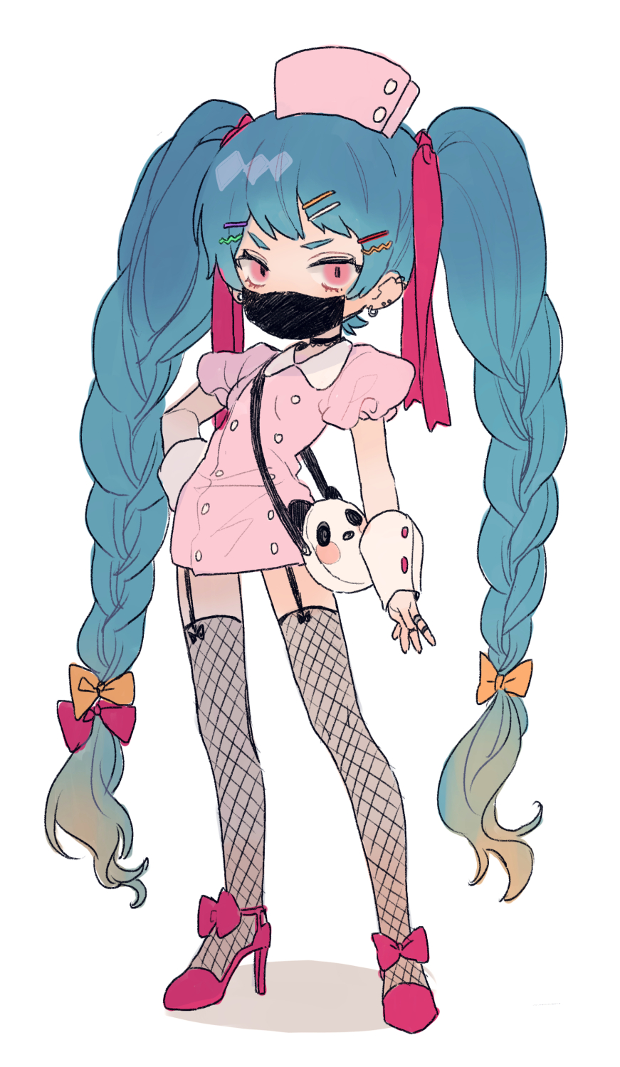 1girl, absurdly_long_hair, animal_bag, bag, black_choker, black_mask, black_thighhighs, blue_hair