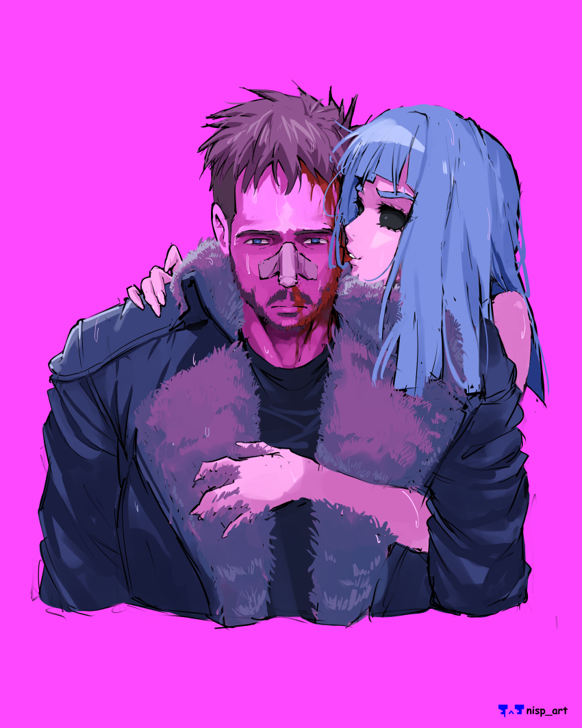 1boy, 1girl, absurdres, bandage_on_nose, beard, black_eyes, blade_runner_(series), blade_runner_2049
