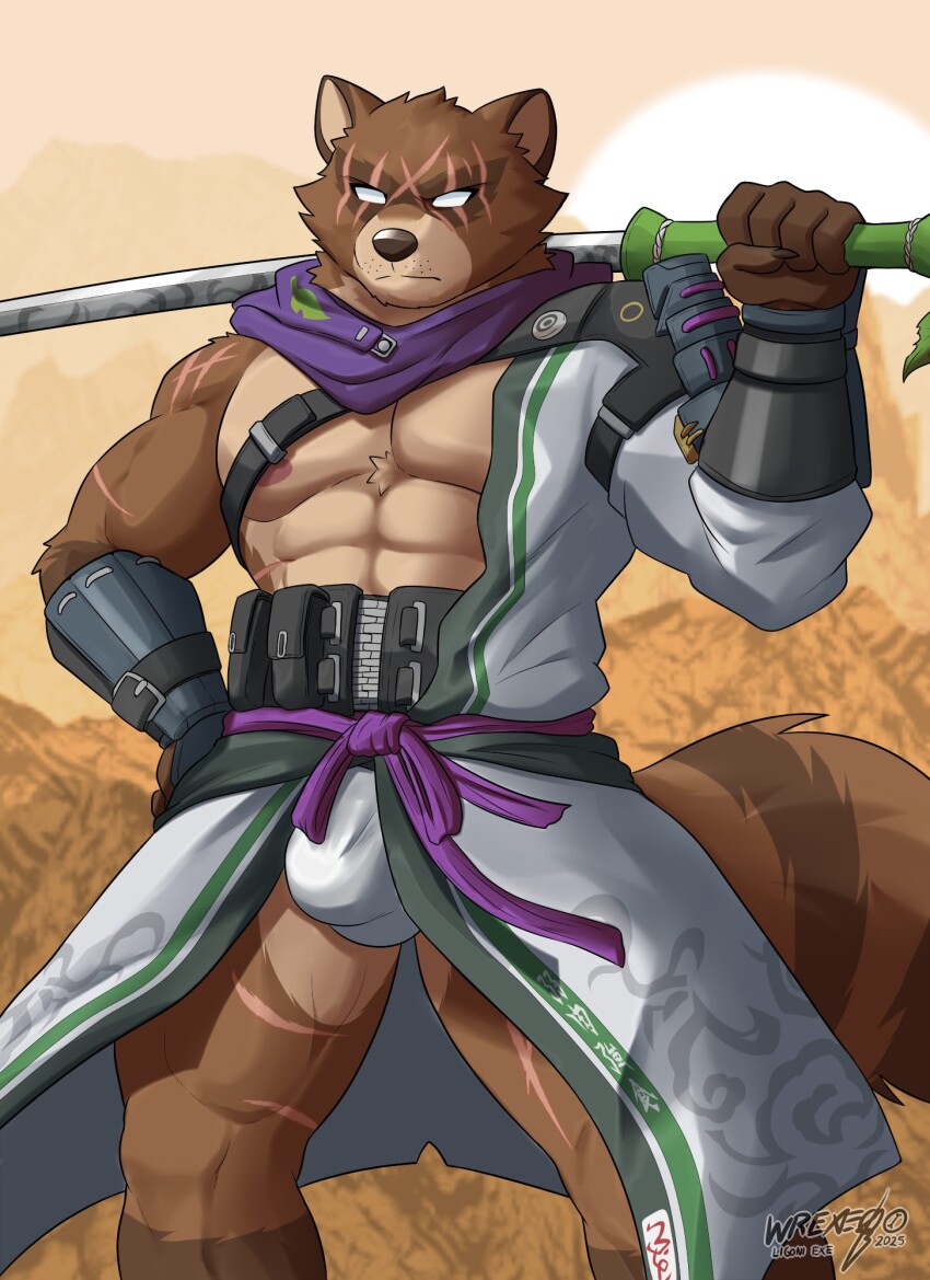 1boy, abs, animal_ears, artist_name, bara, bulge, claws, closed_mouth