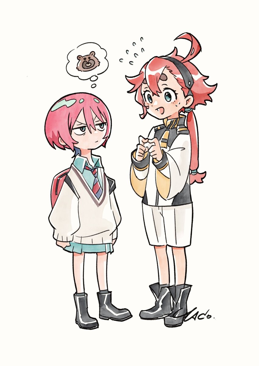 2girls, absurdres, ahoge, amate_yuzuriha, asticassia_school_uniform, backpack, bag, black_boots