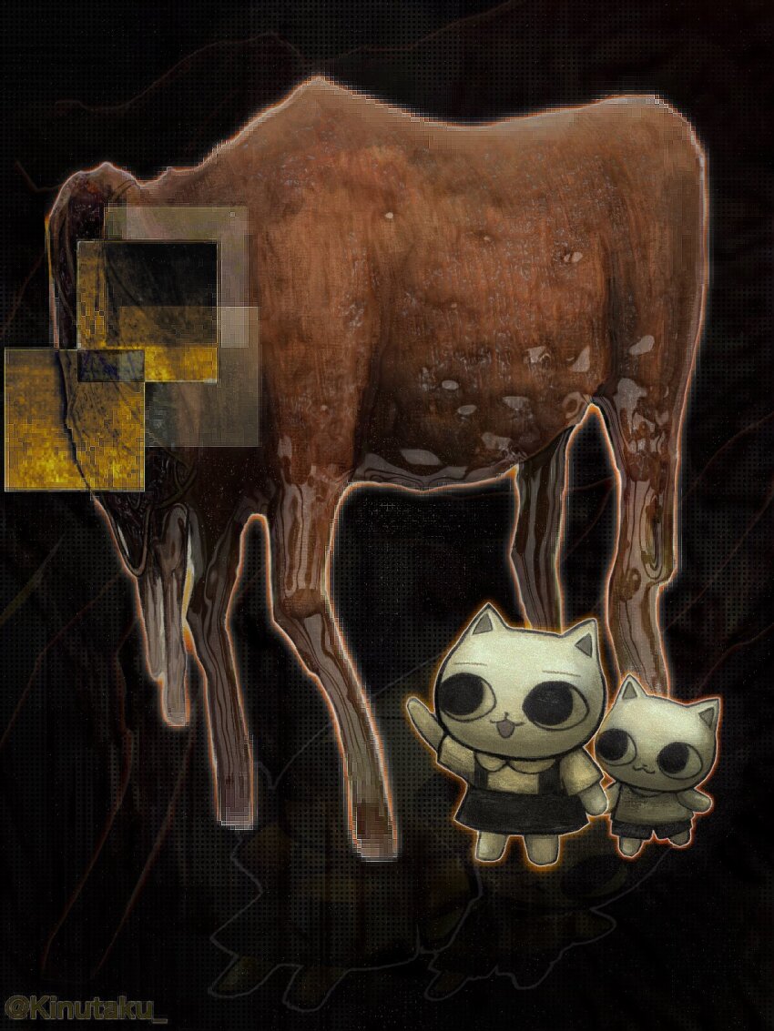 1boy, 1girl, animal, black_background, black_dress, black_eyes, brown_fur, cat_boy, cat_girl, cow, dress, furry, furry_female, furry_male, highres, holding_hands, horror_(theme), kinutaku, nekojiru_udon, nyako_(nekojiru), nyatta, open_mouth, outline, shirt, shorts, simple_background, smile, surreal, white_fur