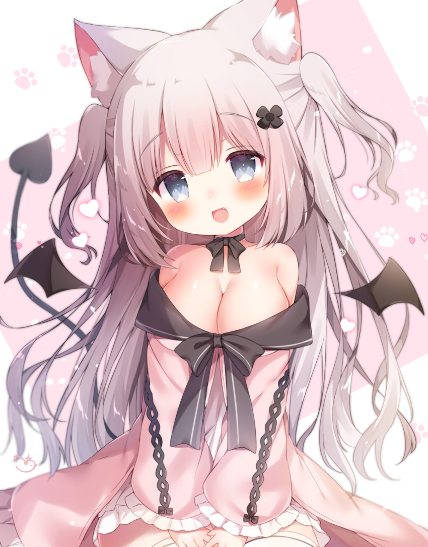 1girl, animal_ear_fluff, animal_ears, black_bow, black_bowtie, blue_eyes, blush, bow, bowtie, breasts, cat_ears, cleavage, coat, commentary_request, demon_tail, demon_wings, dress, fang, grey_hair, hair_ornament, hands_on_lap, head_tilt, highres, indie_virtual_youtuber, large_breasts, light_particles, long_hair, long_sleeves, looking_at_viewer, momozu_komamochi, nekoma_shiroa, open_mouth, oppai_loli, pink_coat, sitting, smile, solo, tail, thighhighs, two_side_up, virtual_youtuber, white_dress, white_thighhighs, wings, x_hair_ornament