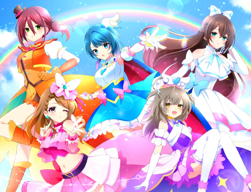 5girls, :d, absurdres, aizawa_kazuha, alternate_costume, alternate_hairstyle, arm_at_side, arms_at_sides