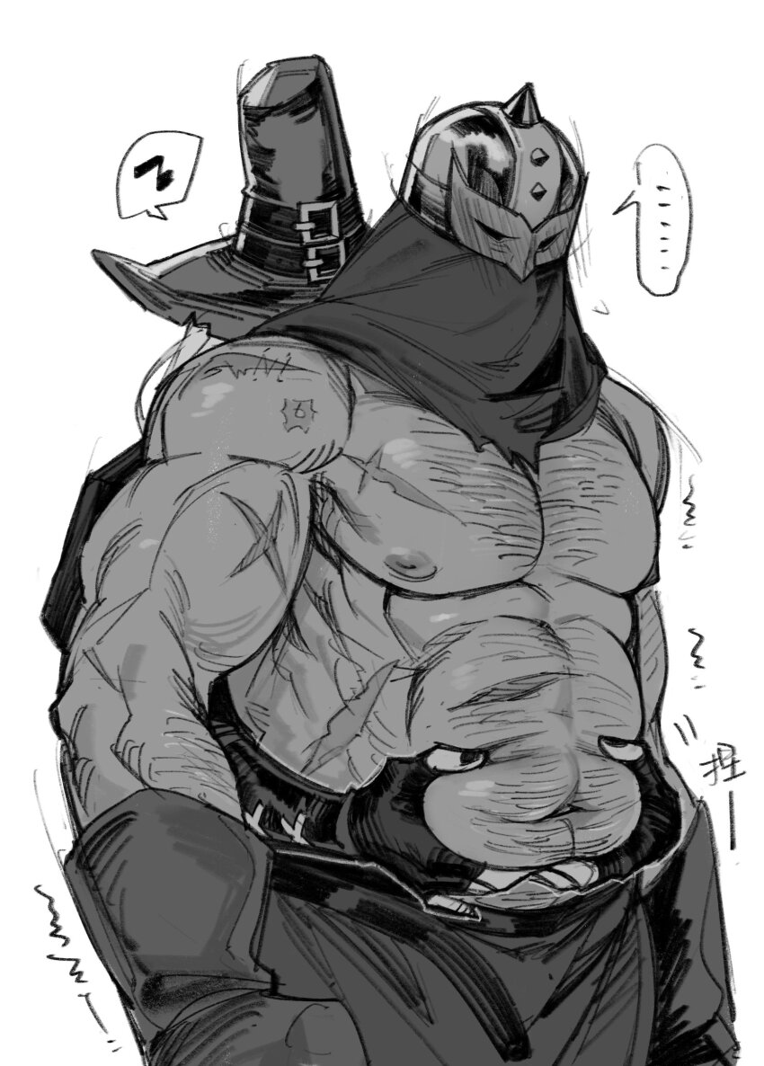 ..., 1boy, 1girl, abs, bara, belt, belt_buckle, blush