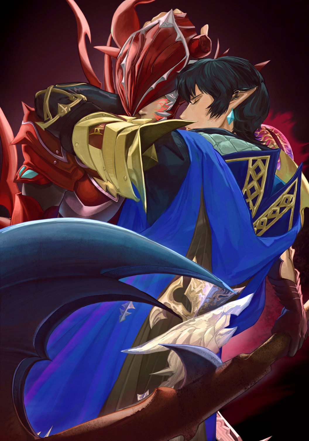 2boys, armor, arms_around_neck, aymeric_de_borel, black_hair, blue_cape, breastplate, cape, closed_eyes, commentary, covered_eyes, dragoon, earrings, elezen, elf, estinien_varlineau, final_fantasy, final_fantasy_xiv, full_armor, gauntlets, goranshin, hashtag-only_commentary, helmet, highres, holding, holding_polearm, holding_weapon, hood, hooded_cape, hug, jewelry, long_pointy_ears, male_focus, multiple_boys, piercing, pointy_ears, polearm, red_armor, red_background, short_hair, spiked_armor, spikes, weapon