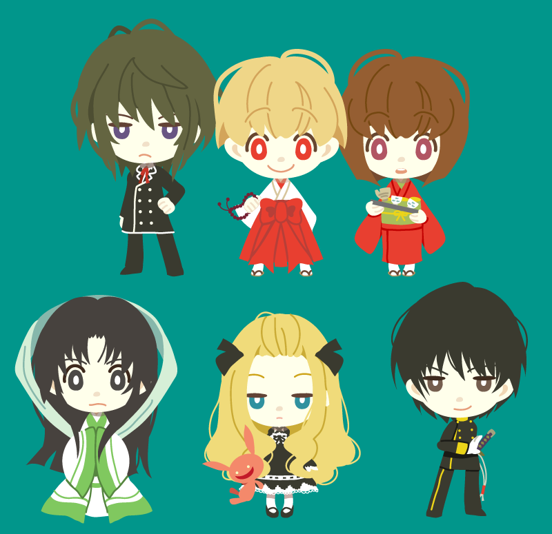 2girls, 3boys, :o, albino, aqua_background, beads, black_dress, black_eyes