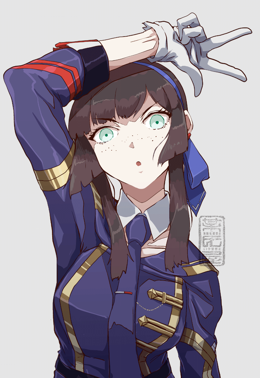 1girl, arm_on_own_head, artist_logo, black_hair, blue_hairband, blue_jacket, blue_necktie, blunt_sidelocks