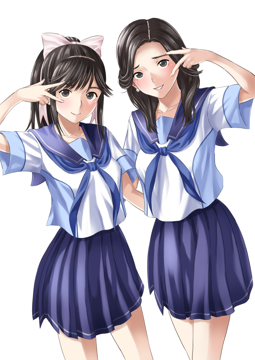 2girls, absurdres, age_difference, black_hair, blue_neckerchief, blue_sailor_collar, blue_serafuku, blue_skirt