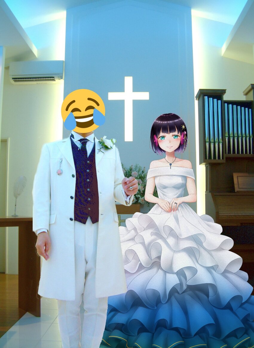 1boy, 1girl, black_hair, church, cross, dress, formal_clothes, highres