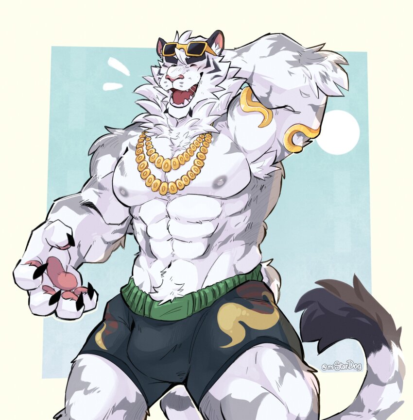 1boy, abs, absurdres, animal_ears, arm_behind_head, artist_name, bara, black_male_swimwear