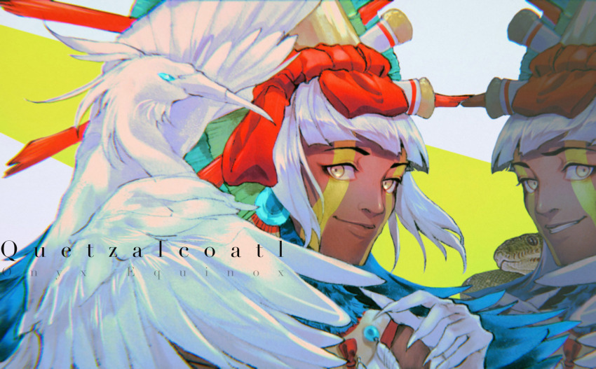 1boy, aztec, bird, botanicaxu, dark-skinned_male, dark_skin, facial_tattoo, grin