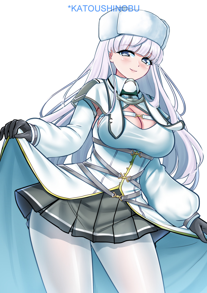 1girl, absurdres, black_gloves, black_skirt, breasts, dress, fur_hat, gloves