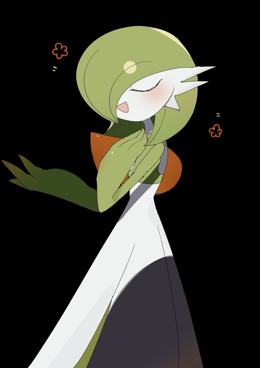 black_background, blush, bob_cut, closed_eyes, colored_skin, dress, gardevoir, gen_3_pokemon