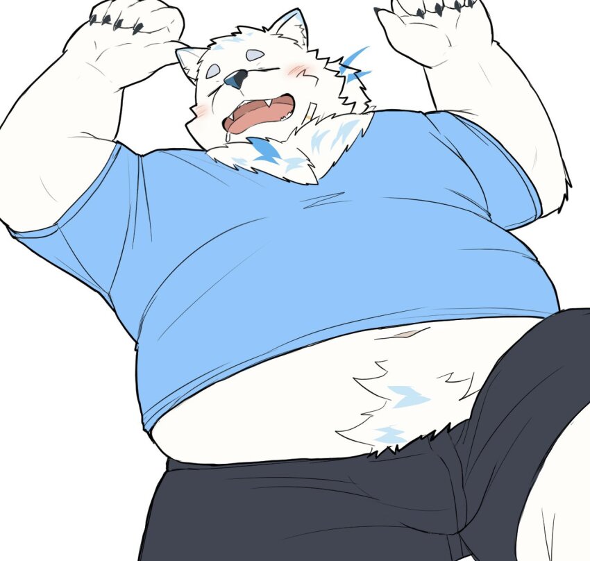 1boy, animal_ears, arms_up, belly, black_shorts, blue_shirt, blush, claws