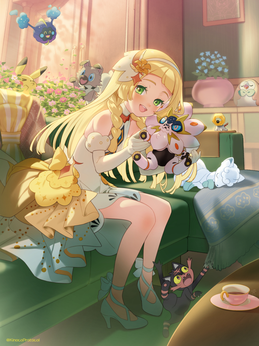 1girl, alolan_form, alolan_vulpix, blonde_hair, blush, braid, cosmog, dress