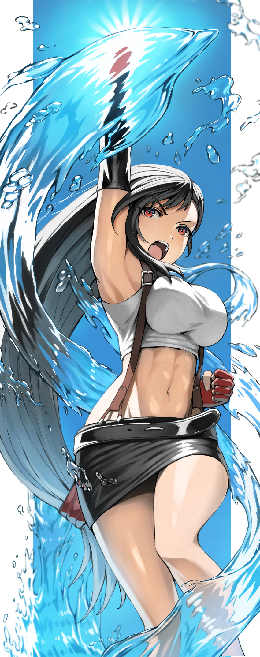 1girl, abs, absurdres, arm_up, armpits, bare_legs, belt, black_hair, black_skirt, breasts, commentary_request, crop_top, dolphin, elbow_gloves, feet_out_of_frame, fighting_stance, final_fantasy, final_fantasy_vii, fingerless_gloves, gloves, highres, large_breasts, long_hair, looking_at_viewer, low-tied_long_hair, midriff, miniskirt, navel, open_mouth, red_eyes, red_gloves, shorts, skirt, solo, stomach, suspender_skirt, suspenders, tank_top, teeth, thighs, tifa_lockhart, toned, toned_female, upper_body, upper_teeth_only, uppercut, very_long_hair, water, white_tank_top, zupakyo