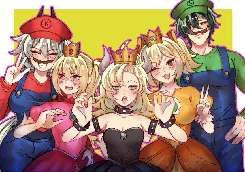 1boy, 4girls, armlet, blonde_hair, blue_overalls, blush, bowsette, bowsette_(cosplay), bracelet, breasts, burnice_white, caesar_king_(zenless_zone_zero), cleavage, collar, cosplay, crown, dress, fake_facial_hair, fake_mustache, gloves, green_eyes, green_hat, green_shirt, hat, highres, horns, jewelry, koviiy, lighter_(zenless_zone_zero), long_hair, long_sleeves, looking_at_viewer, luciana_de_montefio, luigi, luigi_(cosplay), mario, mario_(cosplay), mario_(series), multiple_girls, nintendo, open_mouth, overalls, pink_dress, piper_wheel, princess_daisy, princess_daisy_(cosplay), princess_peach, princess_peach_(cosplay), puffy_sleeves, red_hat, shirt, short_hair, smile, spiked_armlet, spiked_bracelet, spiked_collar, spikes, strapless, super_crown, v, yellow_background, zenless_zone_zero