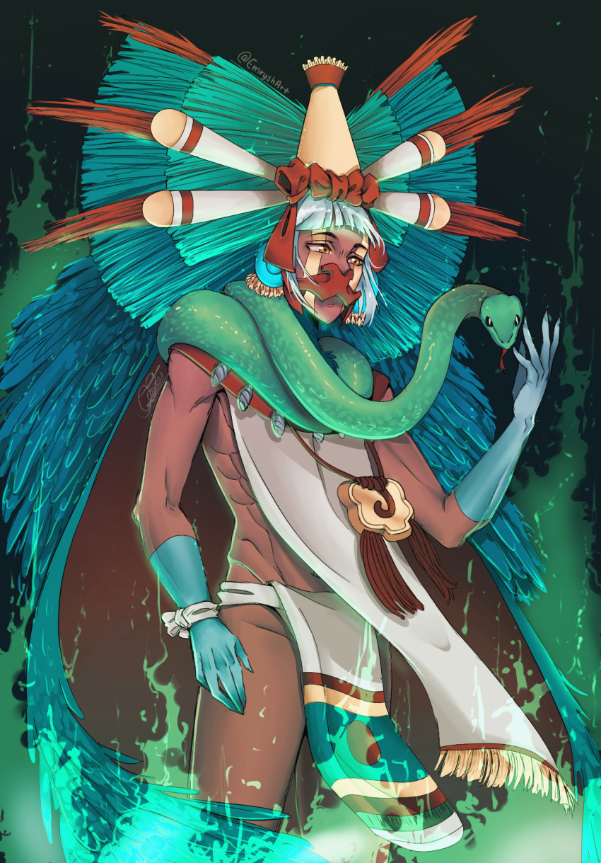 1boy, aztec, blue_feathers, blunt_bangs, dark-skinned_male, dark_skin, emryshart, feathers