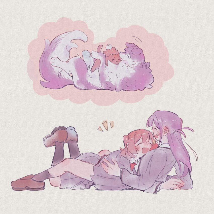 >_<, 2girls, :d, ^_^, aijo_karen, animalization, black_socks, blunt_ends