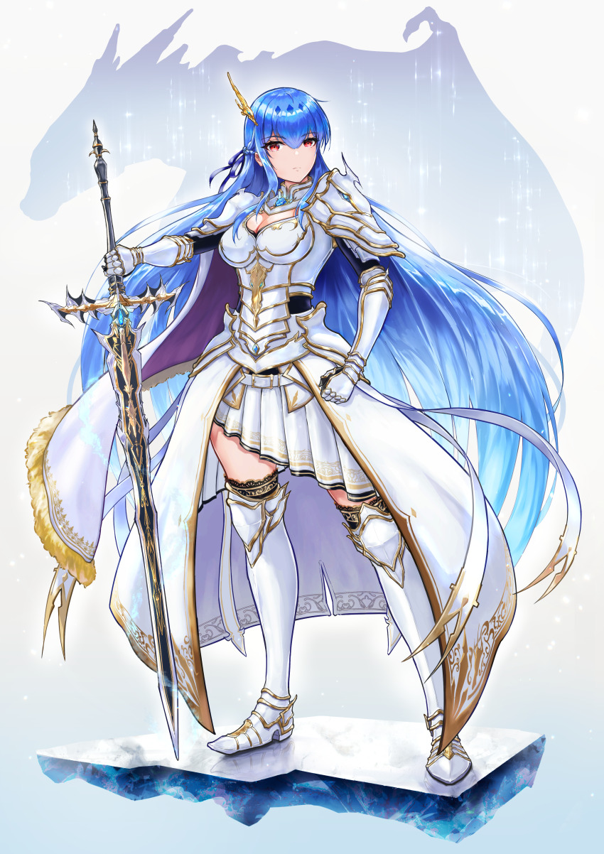 1girl, absurdres, alternate_costume, arm_armor, armor, armored_boots, belt, blue_hair, boobplate, boots, breastplate, breasts, cape, cleavage, cleavage_cutout, closed_mouth, clothing_cutout, commentary_request, epic_seven, expressionless, faulds, full_body, gauntlets, gradient_background, hair_ornament, highres, holding, holding_sword, holding_weapon, isasin929, knight, large_breasts, long_hair, looking_at_viewer, penelope_(epic_seven), pleated_skirt, red_hair, shoulder_armor, skirt, solo, sword, thigh_boots, thighhighs, very_long_hair, weapon, white_armor, white_belt, white_skirt, zettai_ryouiki