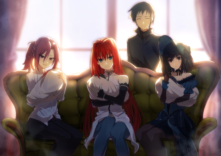 1boy, 3girls, aozaki_aoko, baby, black_eyes, brown_hair, carrying, carrying_baby, carrying_person, couch, curtains, father_and_child, fur_hat, hat, highres, indoors, kuonji_alice, looking_at_viewer, lost_robin_rondo, mahou_tsukai_no_yoru, mother_and_child, motherly, multiple_girls, on_couch, parent_and_child, private_misaki_high_school_uniform, reien_girl's_academy_school_uniform, school_uniform, shizuki_soujuurou, sitting, smile, swaddled, toomishou, type-moon, window