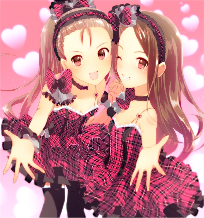 2girls, :d, bad_id, bad_pixiv_id, bare_shoulders, black_legwear, bow, breasts