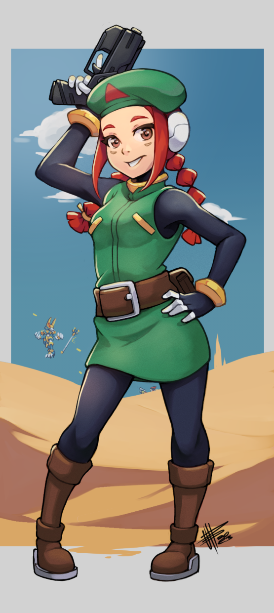 1girl, 2boys, anubis_necromancess_(mega_man), battle, belt, beret, boots, braid