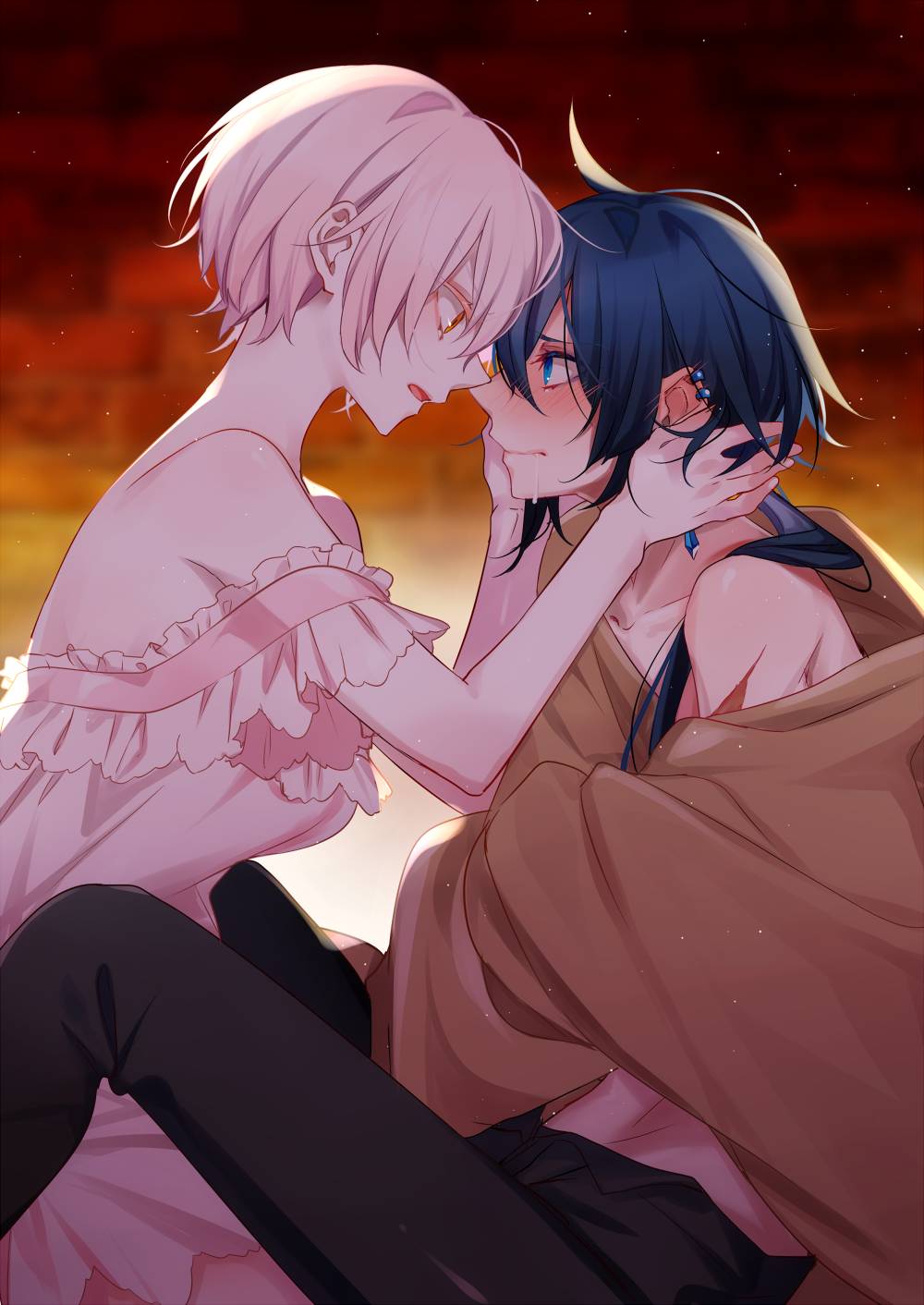 1boy, 1girl, bare_shoulders, black_hair, black_pants, blue_eyes, blush, covering_with_blanket
