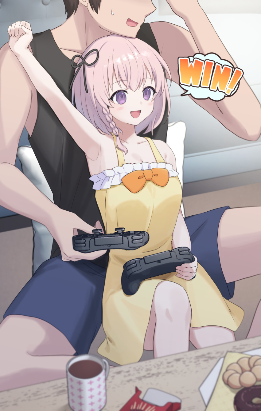 1boy, 1girl, black_hair, controller, cup, dress, highres, niihama_alice