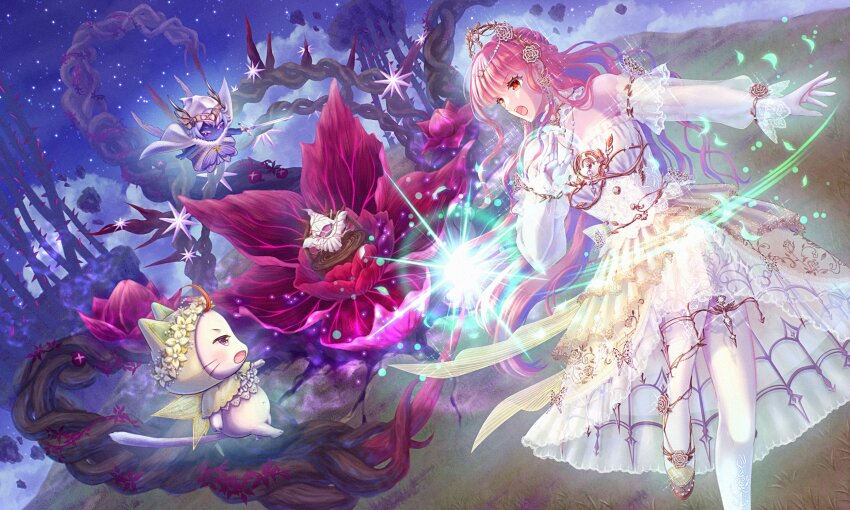 1girl, ahoge, animal, arms_up, bare_shoulders, battle, blunt_bangs, bow