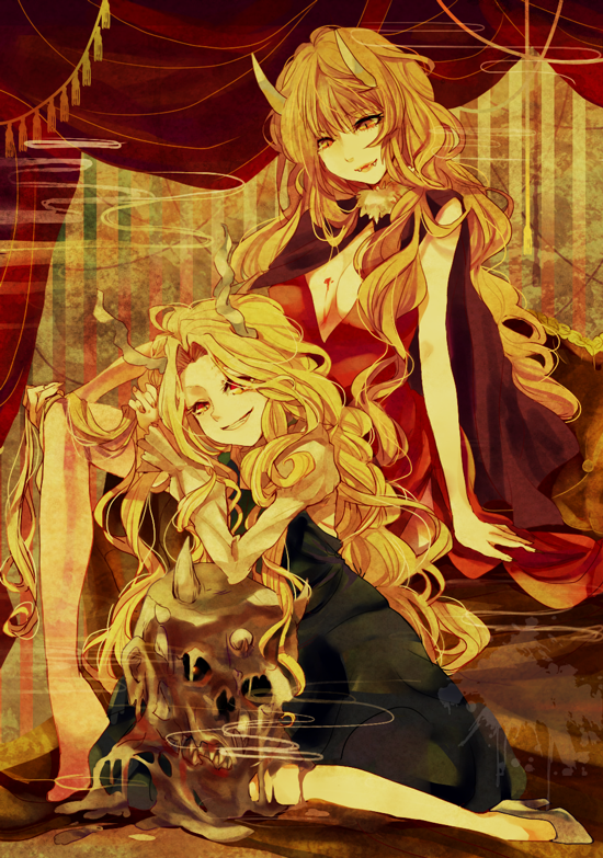 2girls, bare_arms, bare_legs, barefoot, black_dress, blonde_hair, blood, blood_on_breasts, breasts, brown_hair, cape, child, cleavage, curly_hair, curtains, demon_horns, dirty, dorsiflexion, dress, evil_smile, fangs, full_body, fur-trimmed_cape, fur_trim, glowing, glowing_eye, high_heels, horns, ibaragi_douji_(tactics), indoors, juliet_sleeves, large_breasts, leaning_on_person, lips, lipstick, long_hair, long_sleeves, makeup, melting, messy_hair, mud, multiple_girls, no_bra, no_shoes, noritamako, oni, orange_eyes, pinafore_dress, possessed, puffy_sleeves, red_dress, red_eyes, red_lips, rosalie_(tactics), shuten_douji_(tactics), sitting, skull, sleeveless, sleeveless_dress, slit_pupils, smile, striped_wall, tactics, very_long_hair, wallpaper_(object), wavy_hair