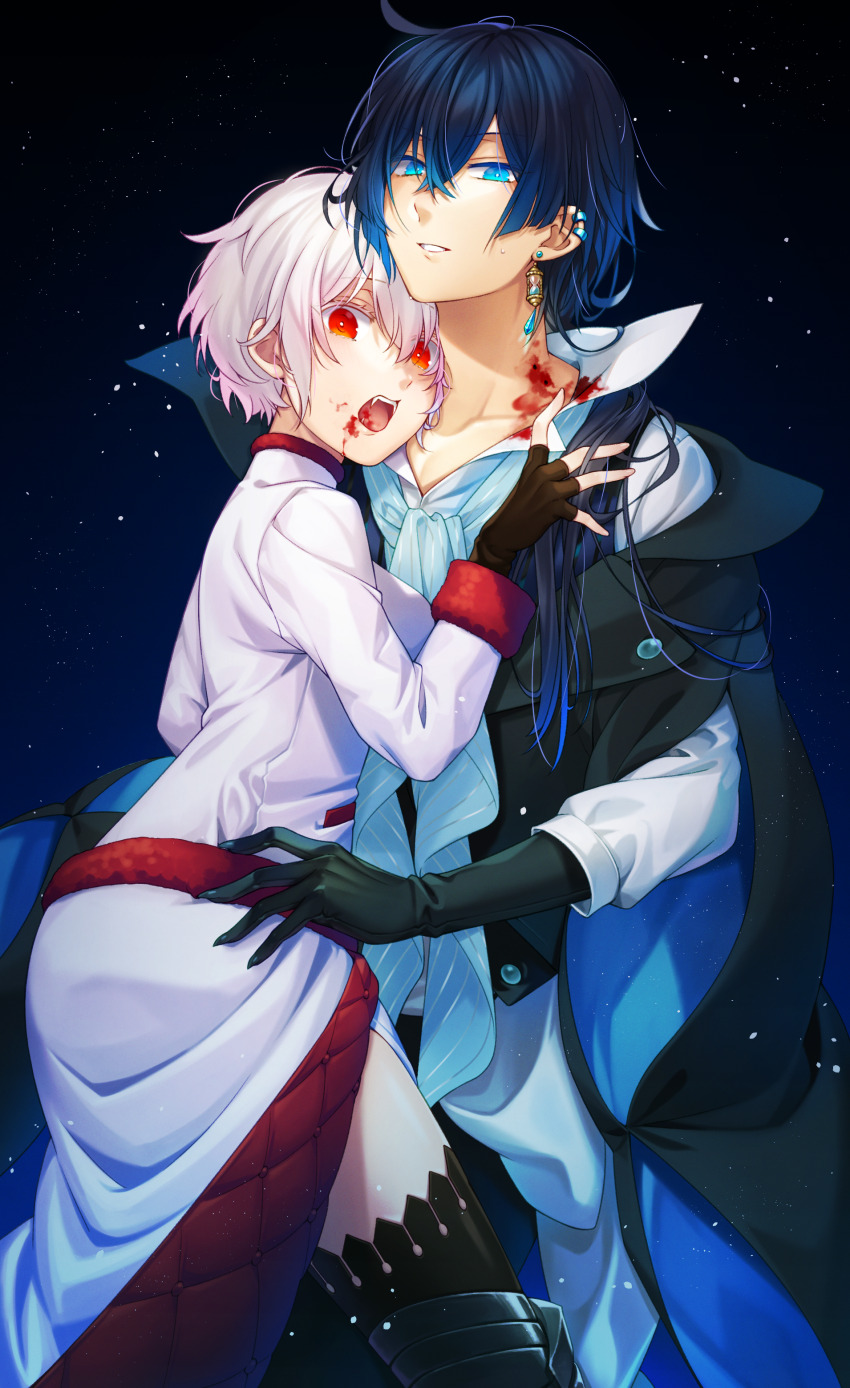 1boy, 1girl, absurdres, black_background, black_gloves, black_jacket, blood, blood_on_face