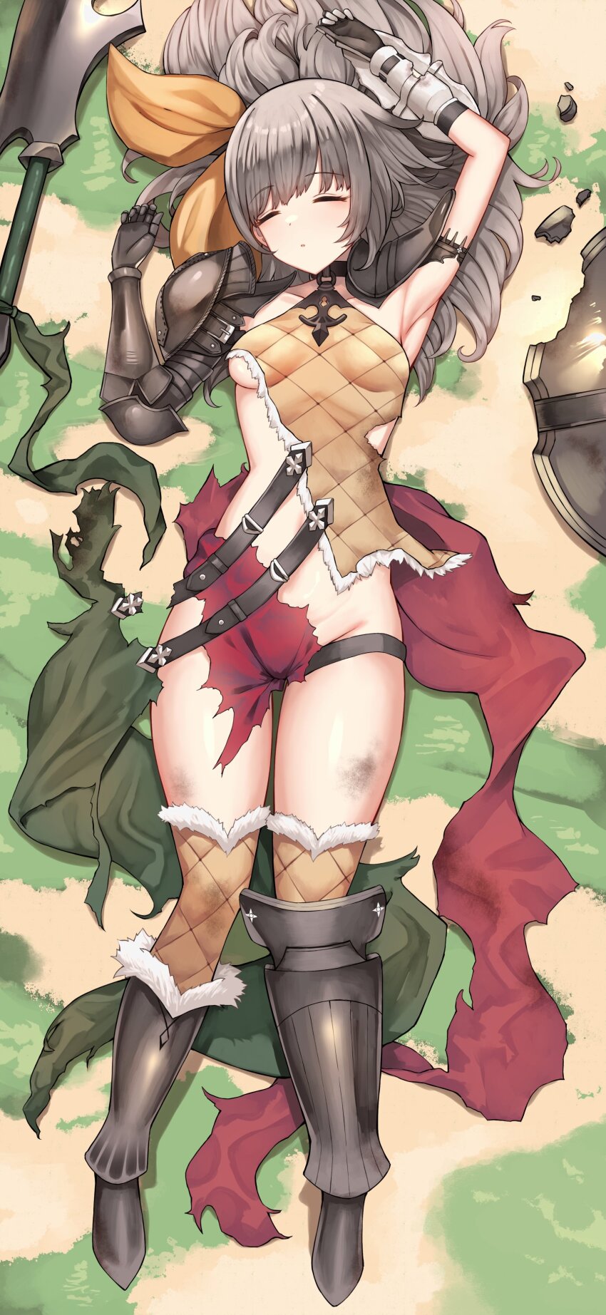 1girl, absurdres, arlin_(sin_chronicle), arm_armor, arm_up, armor, armored_boots, armpits