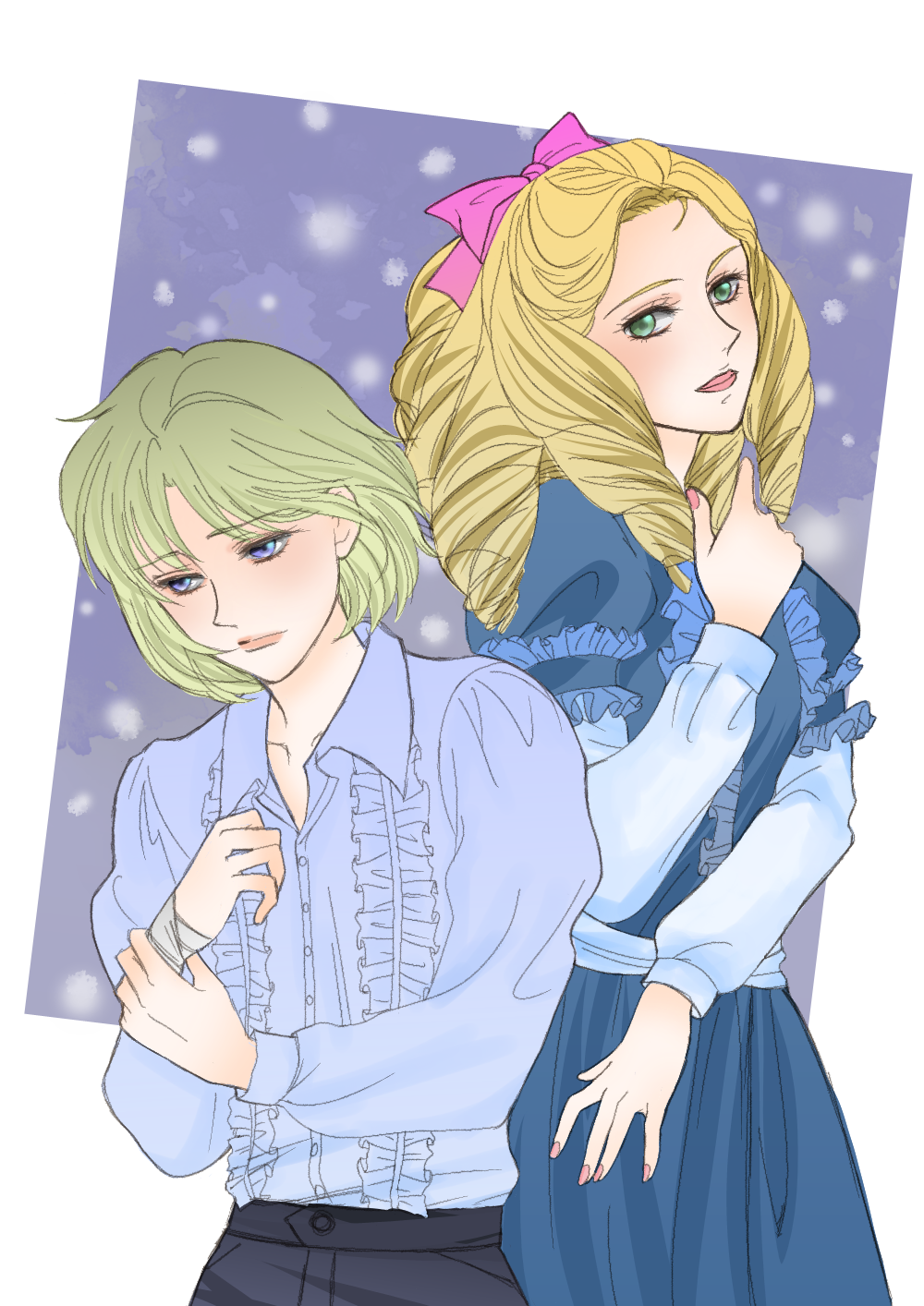 2girls, aged_down, asaka_rei, blonde_hair, blue_dress, blue_eyes, bow, dress, drill_hair, frilled_shirt, frills, green_eyes, highres, ichinomiya_fukiko, lipstick, long_sleeves, makeup, multiple_girls, oniisama_e..., pink_bow, pink_nails, shirt, short_hair, snow, snowing, y0229