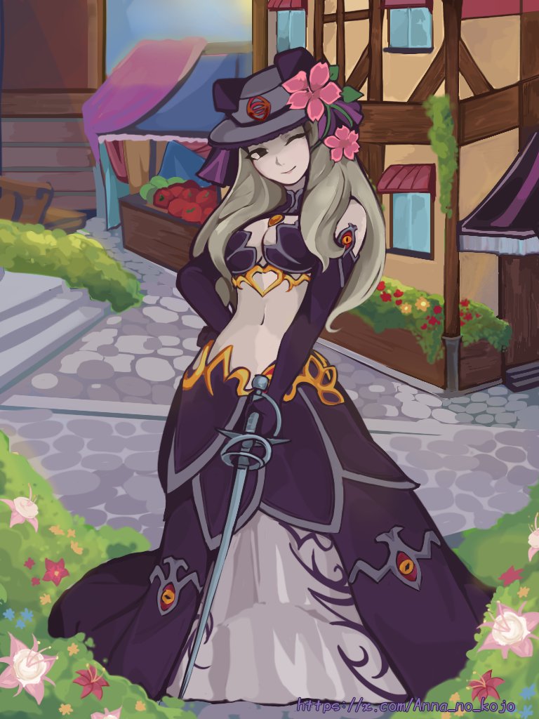 1girl, alternate_costume, alternate_hairstyle, anna_no_kojo, black_eyes, black_gloves, blonde_hair, breasts