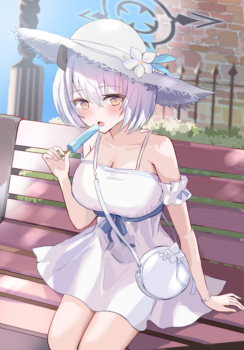 1girl, absurdres, bag, bare_arms, bare_shoulders, blue_archive, blush, breasts