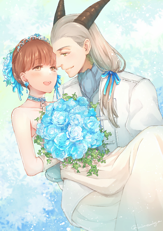 1boy, 1girl, ascot, black_horns, blonde_hair, blue_ascot, blue_flower, blue_ribbon